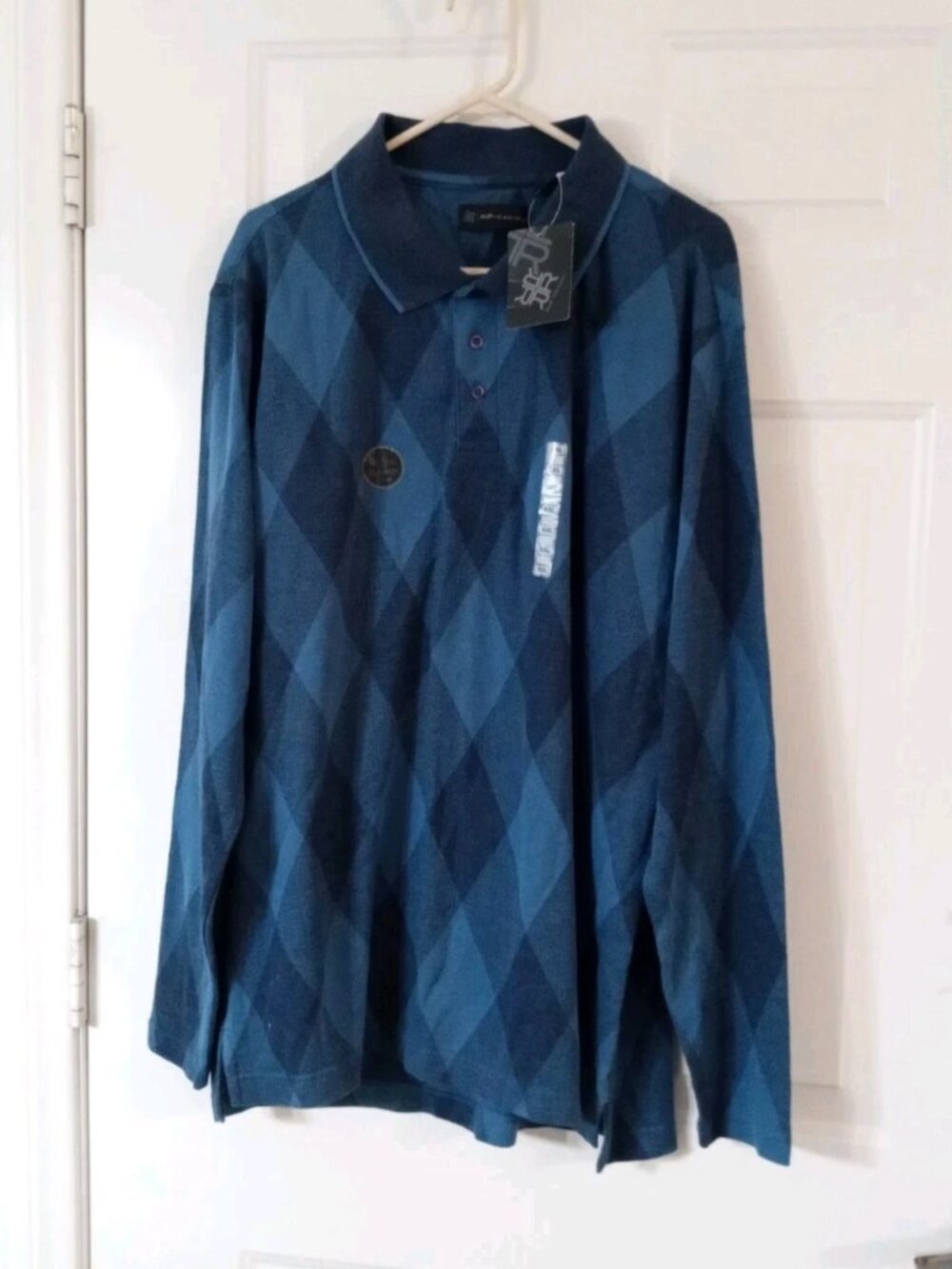 R&R Casuals Men's XXL Blue Argyle Soft Knit Long Sleeve Polo Shirt